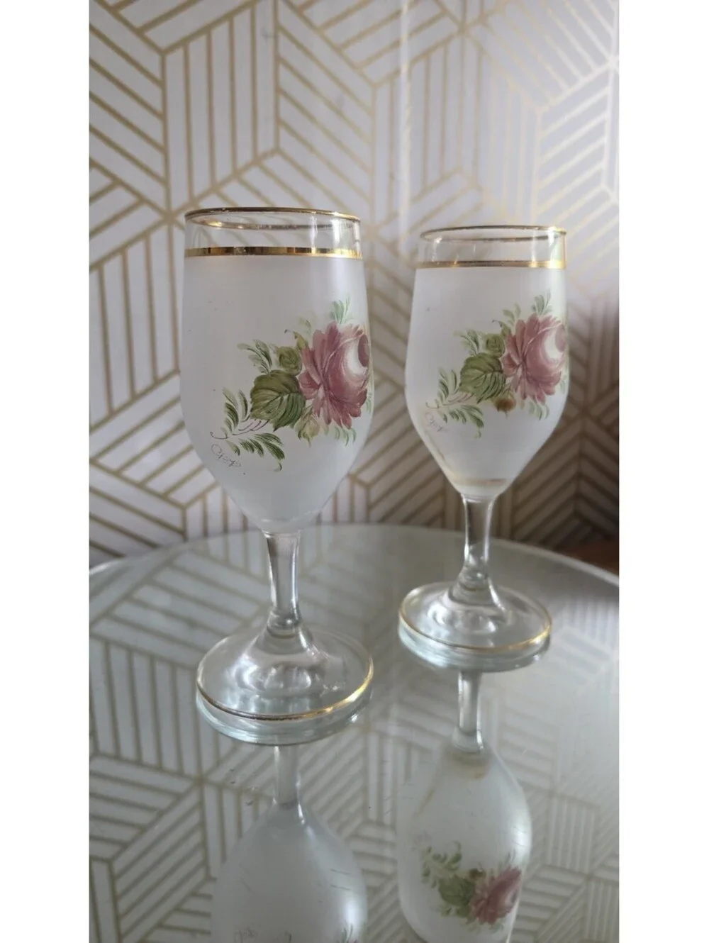 Vintage Interpur Handpainted Rose Frosted Wine Glass Pair 6 5/8”